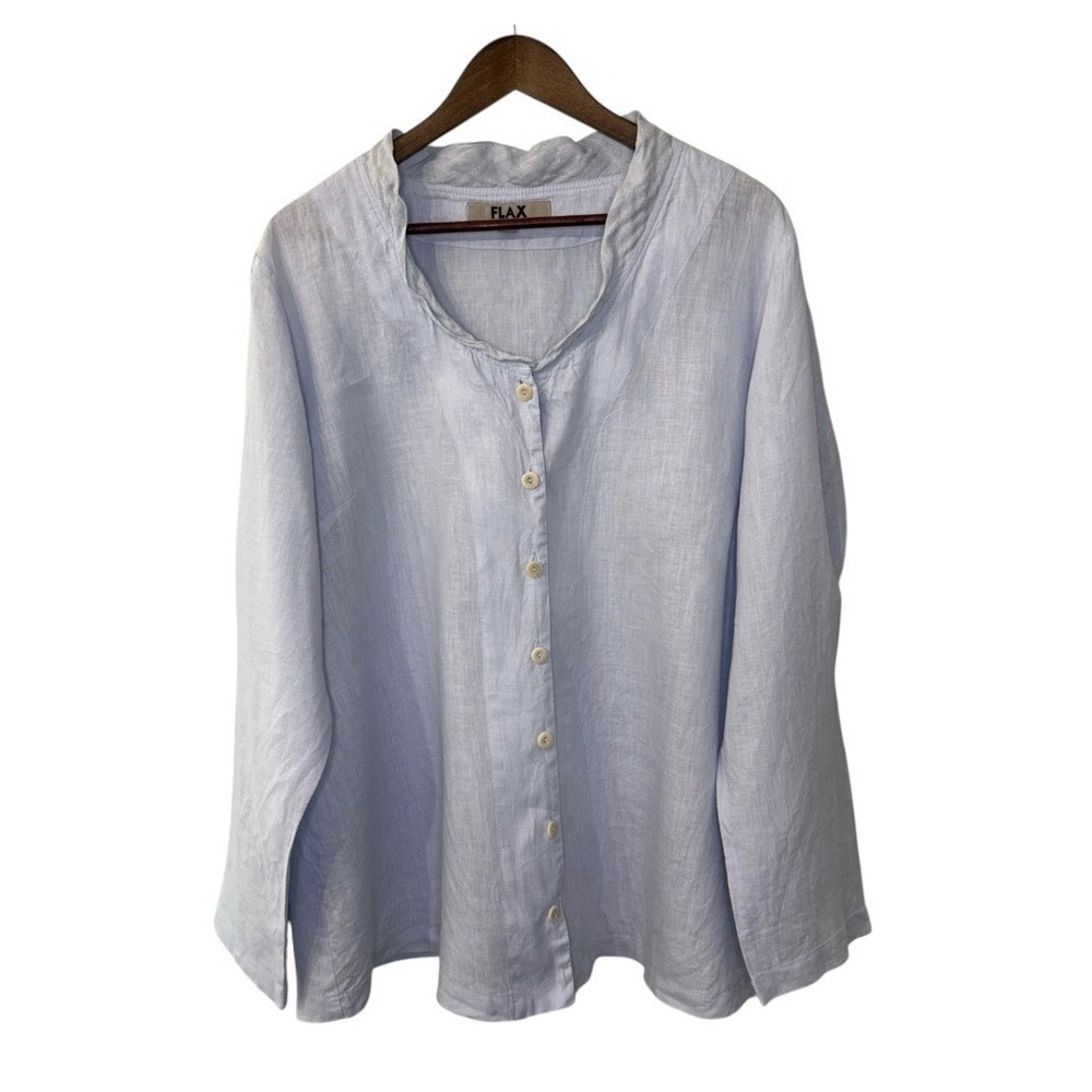 Flax linen button up shirt women's L 14-18 light blue coastal nautical lagenlook